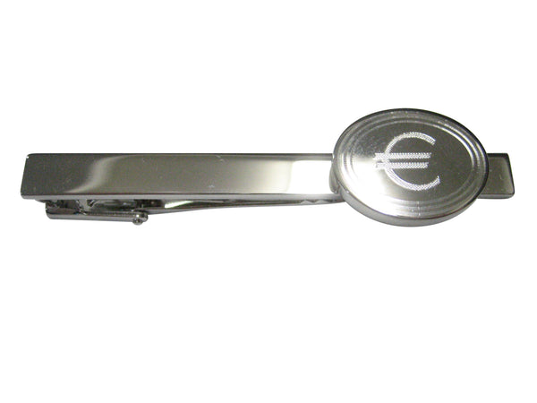 Silver Toned Etched Oval Euro Currency Sign Tie Clip