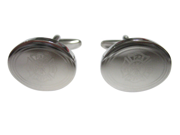 Silver Toned Etched Oval Fire Fighter Emblem Cufflinks