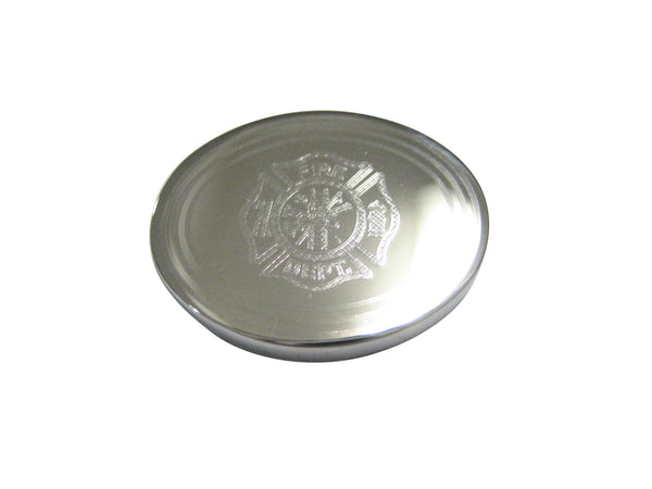 Silver Toned Etched Oval Fire Fighter Emblem Magnet