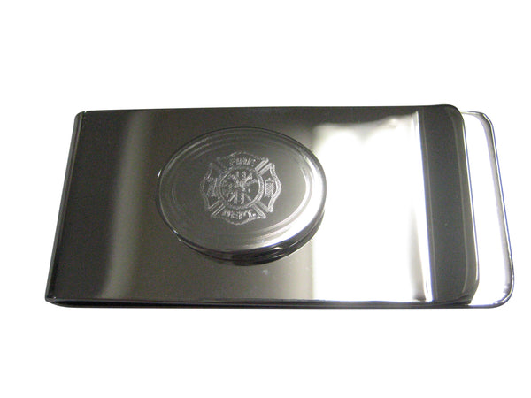 Silver Toned Etched Oval Fire Fighter Emblem Money Clip