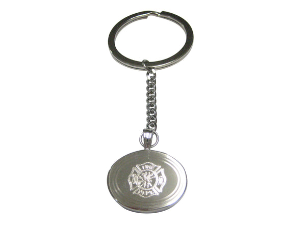 Silver Toned Etched Oval Fire Fighter Emblem Pendant Keychain