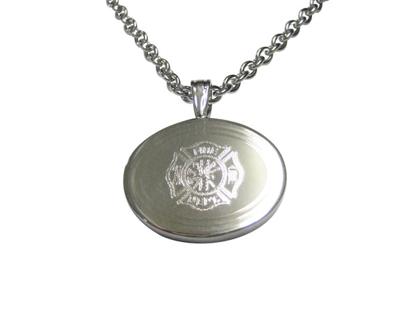 Silver Toned Etched Oval Fire Fighter Emblem Pendant Necklace