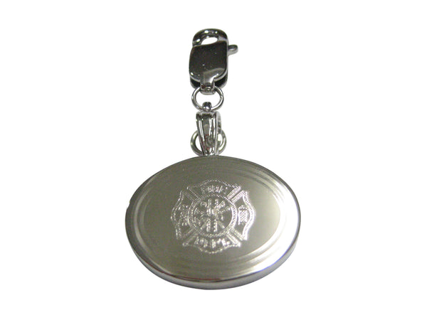 Silver Toned Etched Oval Fire Fighter Emblem Pendant Zipper Pull Charm