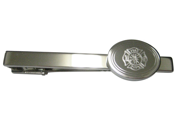 Silver Toned Etched Oval Fire Fighter Emblem Tie Clip