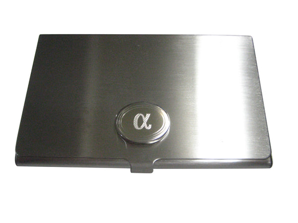 Silver Toned Etched Oval Greek Letter Alpha Business Card Holder