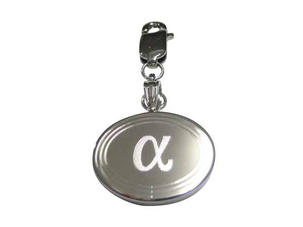 Silver Toned Etched Oval Greek Letter Alpha Pendant Zipper Pull Charm