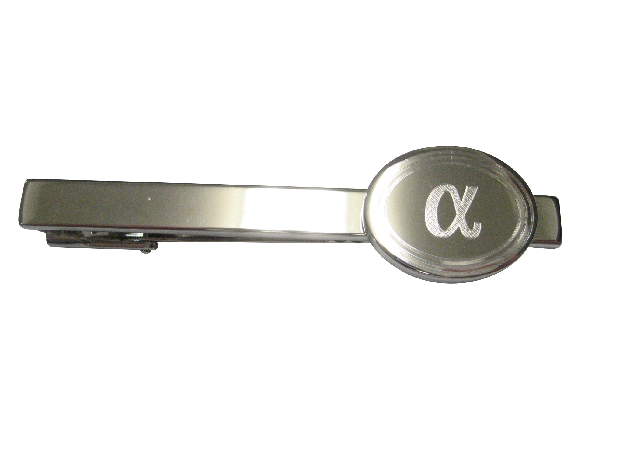 Silver Toned Etched Oval Greek Letter Alpha Tie Clip