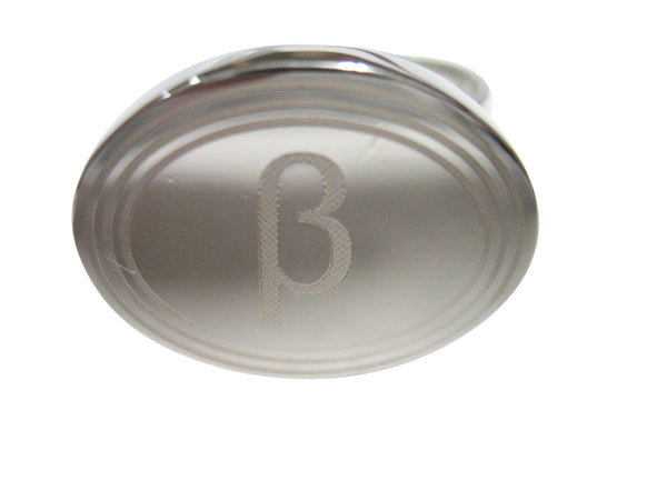Silver Toned Etched Oval Greek Letter Beta Pendant Adjustable Size Fashion Ring