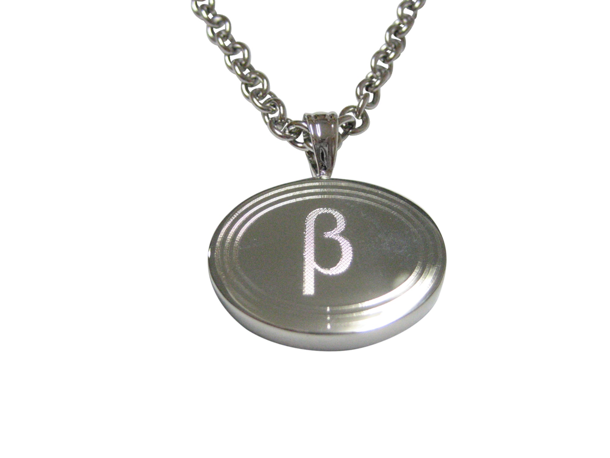 Silver Toned Etched Oval Greek Letter Beta Pendant Necklace
