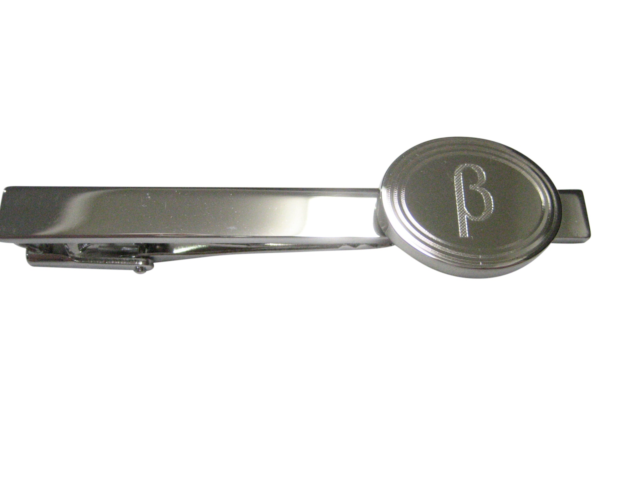 Silver Toned Etched Oval Greek Letter Beta Pendant Tie Clip
