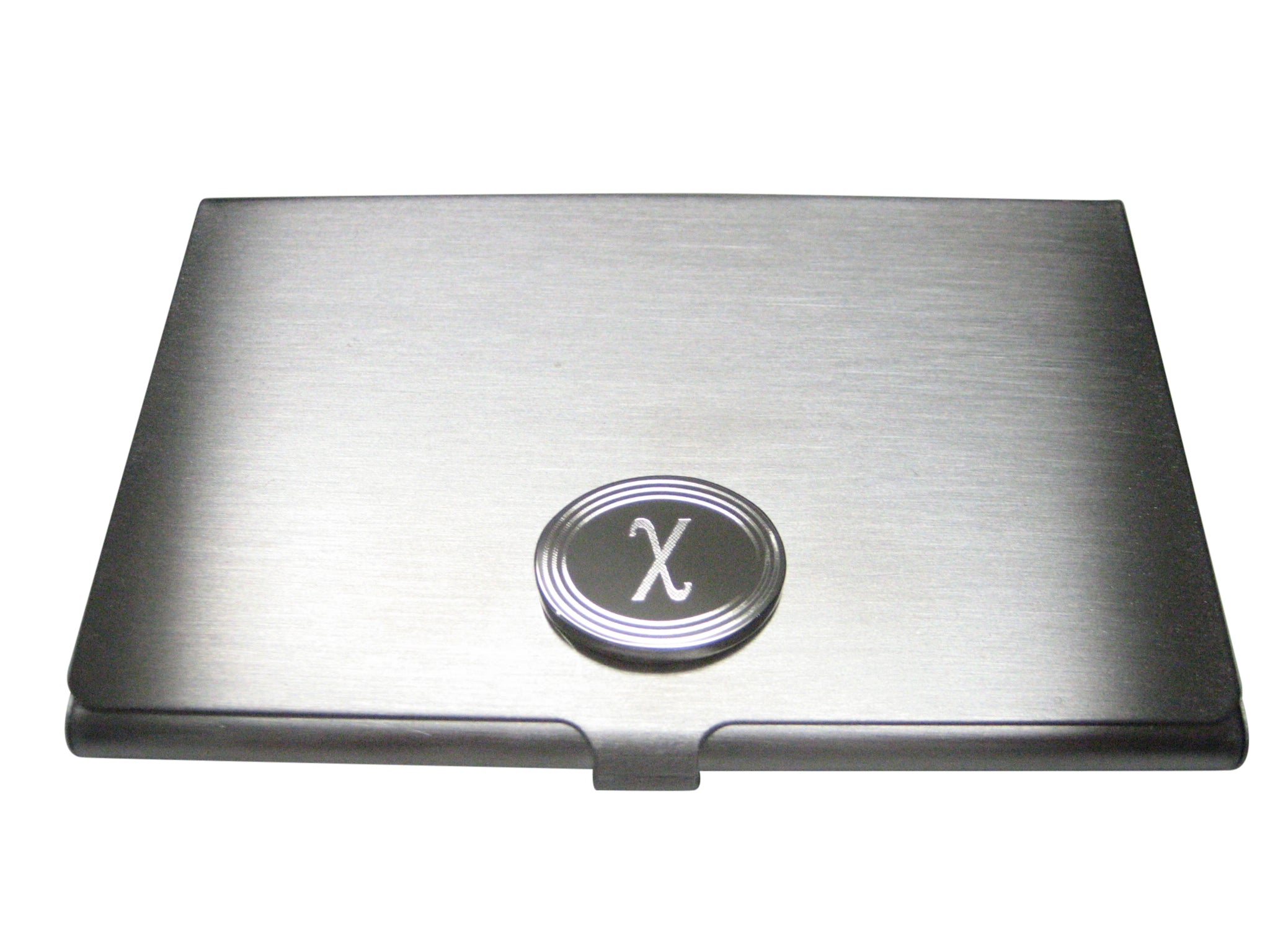 Silver Toned Etched Oval Greek Letter Chi Pendant Business Card Holder