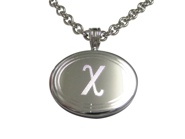 Silver Toned Etched Oval Greek Letter Chi Pendant Necklace