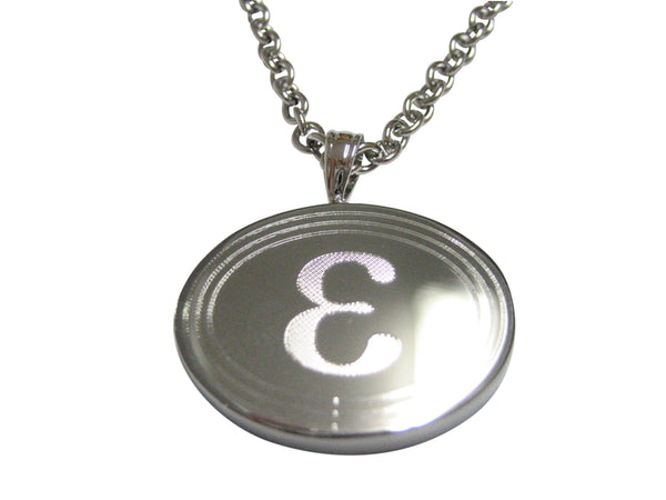 Silver Toned Etched Oval Greek Letter Epsilon Pendant Necklace