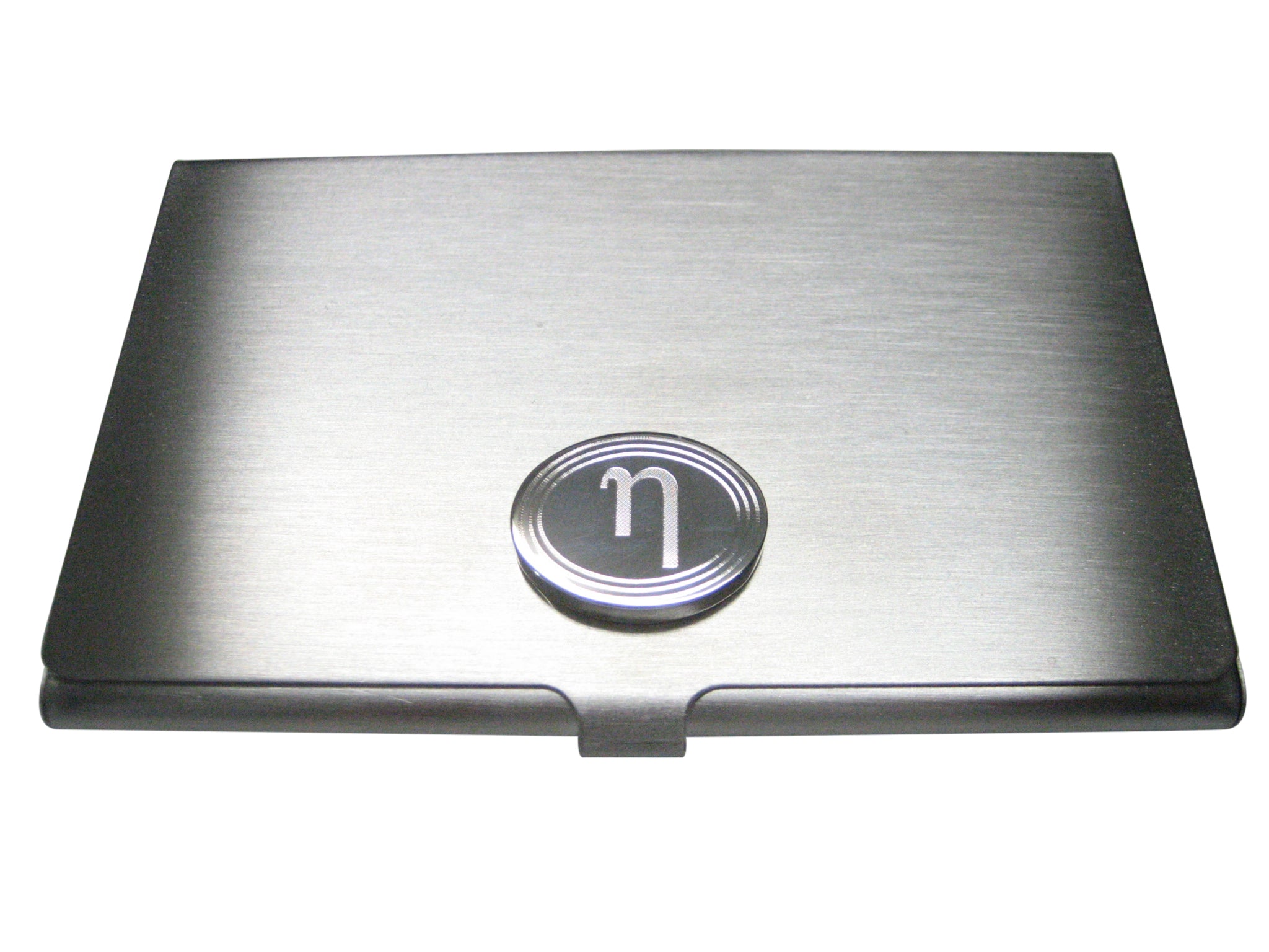 Silver Toned Etched Oval Greek Letter Eta Pendant Business Card Holder