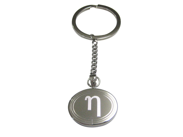 Silver Toned Etched Oval Greek Letter Eta Pendant Keychain