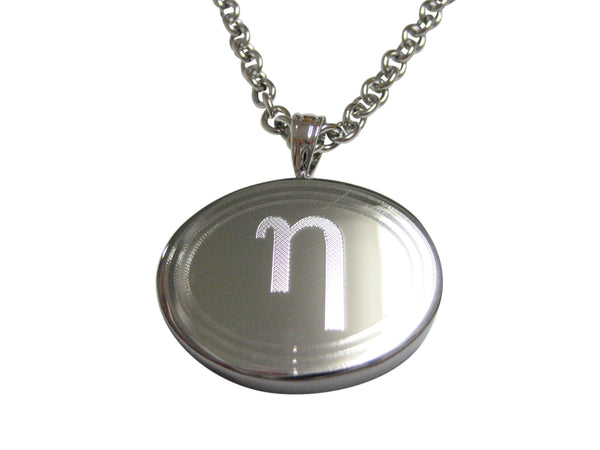 Silver Toned Etched Oval Greek Letter Eta Pendant Necklace