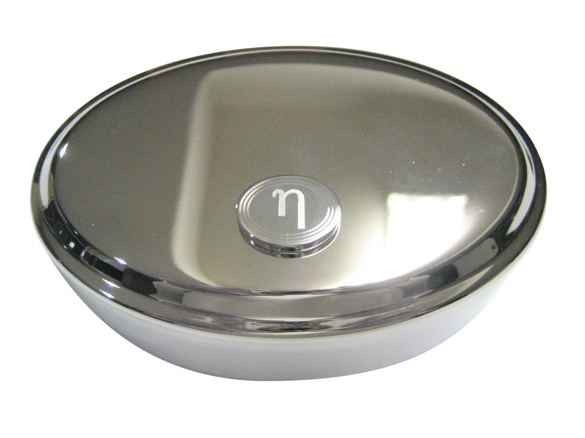Silver Toned Etched Oval Greek Letter Eta Pendant Oval Trinket Jewelry Box