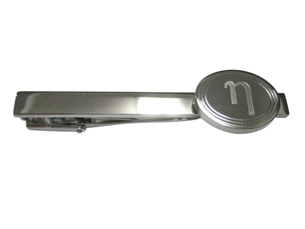 Silver Toned Etched Oval Greek Letter Eta Pendant Tie Clip