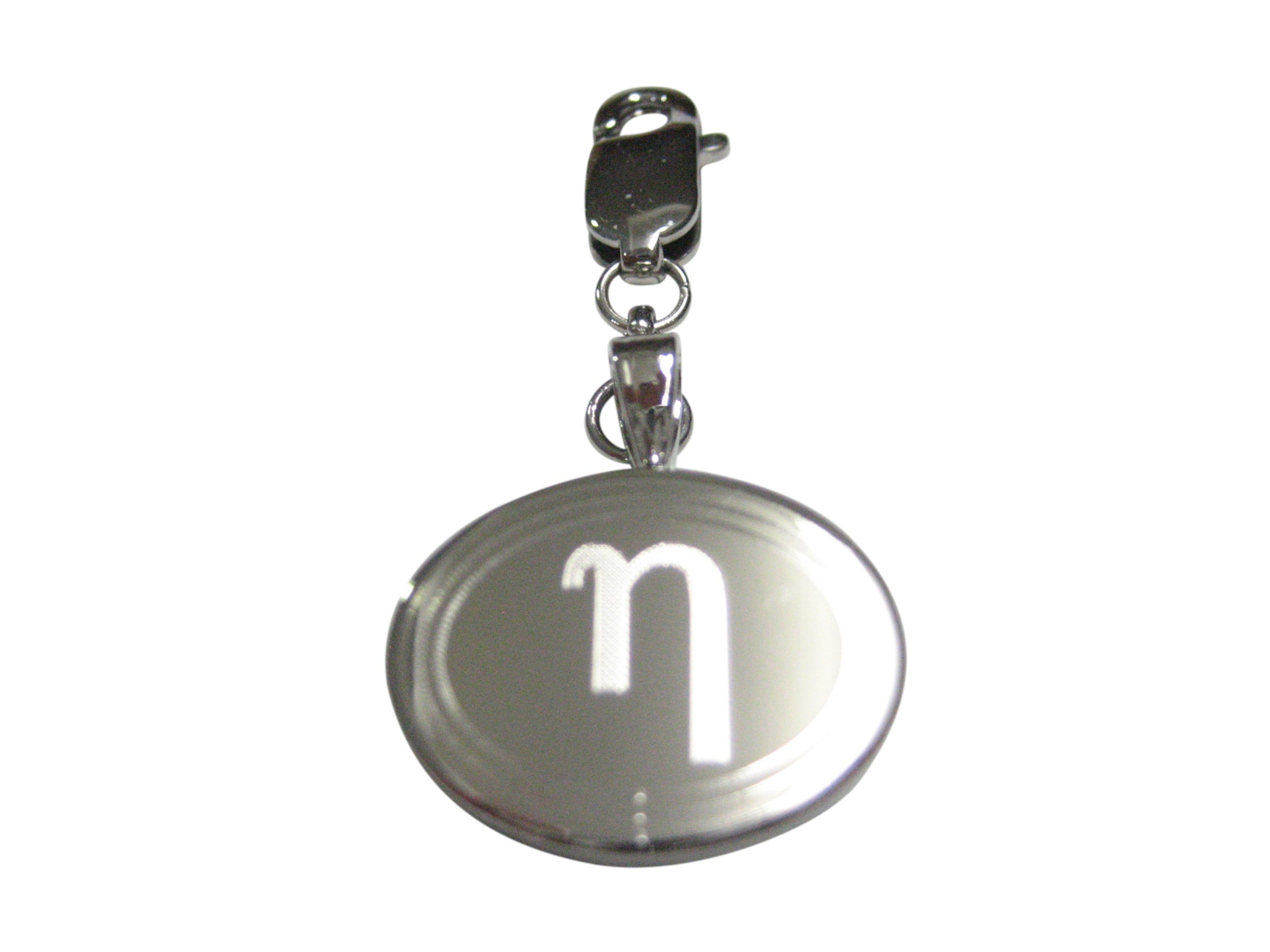 Silver Toned Etched Oval Greek Letter Eta Pendant Zipper Pull Charm
