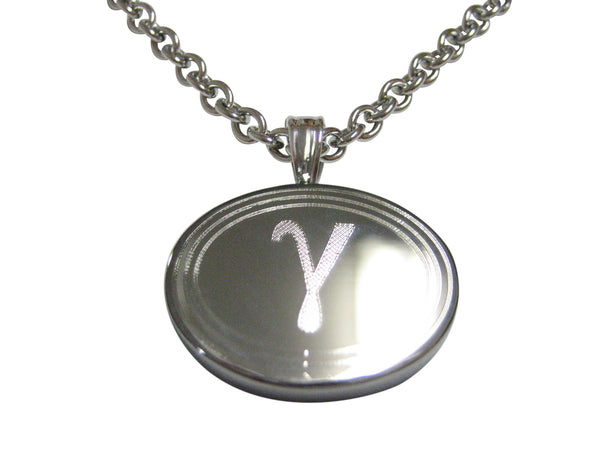 Silver Toned Etched Oval Greek Letter Gamma Pendant Necklace