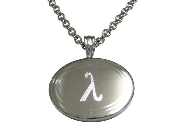 Silver Toned Etched Oval Greek Letter Lambda Pendant Necklace
