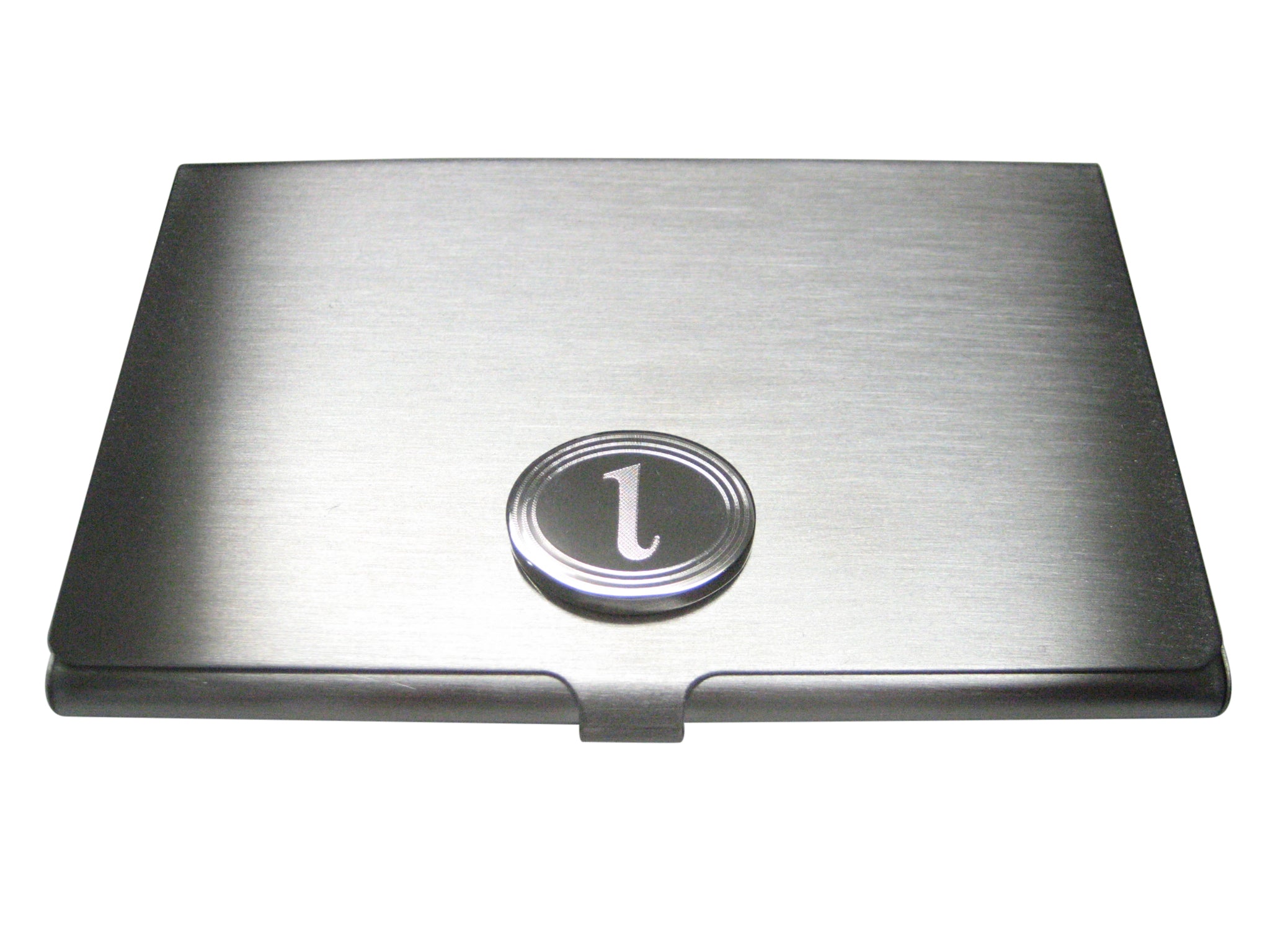 Silver Toned Etched Oval Greek Letter iota Business Card Holder