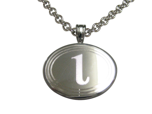 Silver Toned Etched Oval Greek Letter iota Pendant Necklace