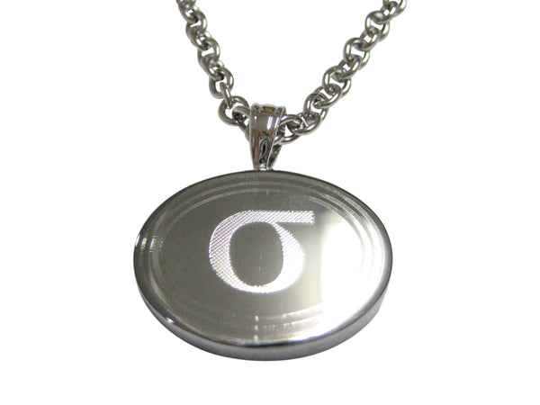 Silver Toned Etched Oval Greek Letter Lowercase Letter Sigma Pendant Necklace