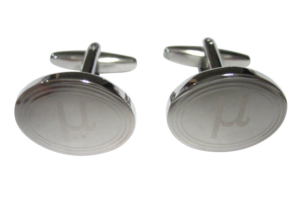 Silver Toned Etched Oval Greek Letter Mu Cufflinks