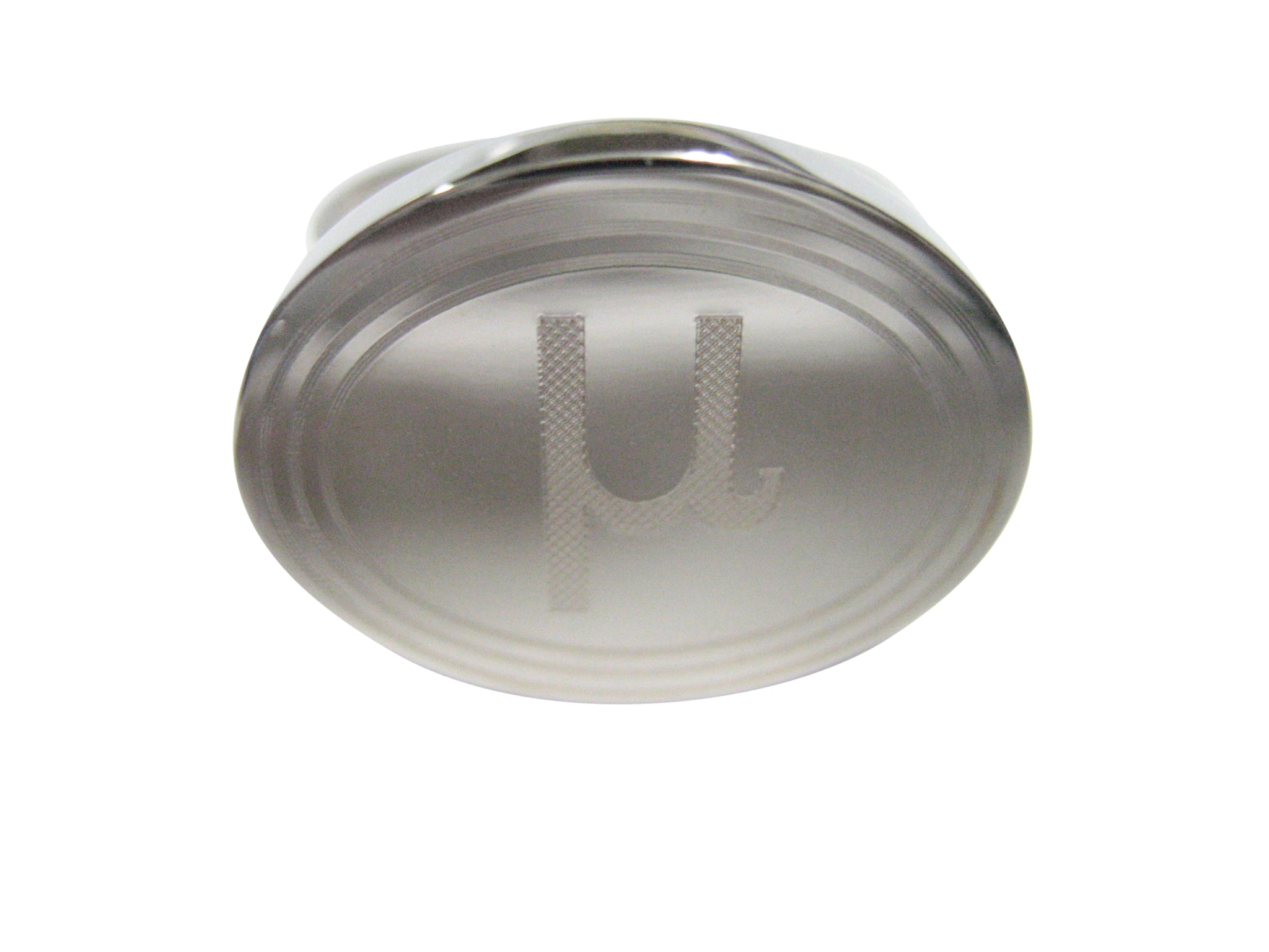 Silver Toned Etched Oval Greek Letter Mu Pendant Adjustable Size Fashion Ring