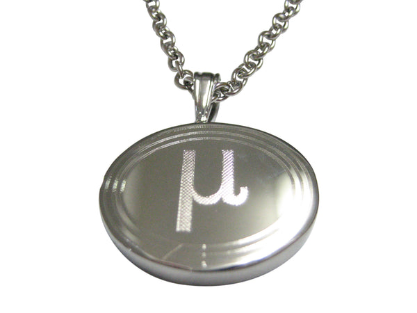 Silver Toned Etched Oval Greek Letter Mu Pendant Necklace