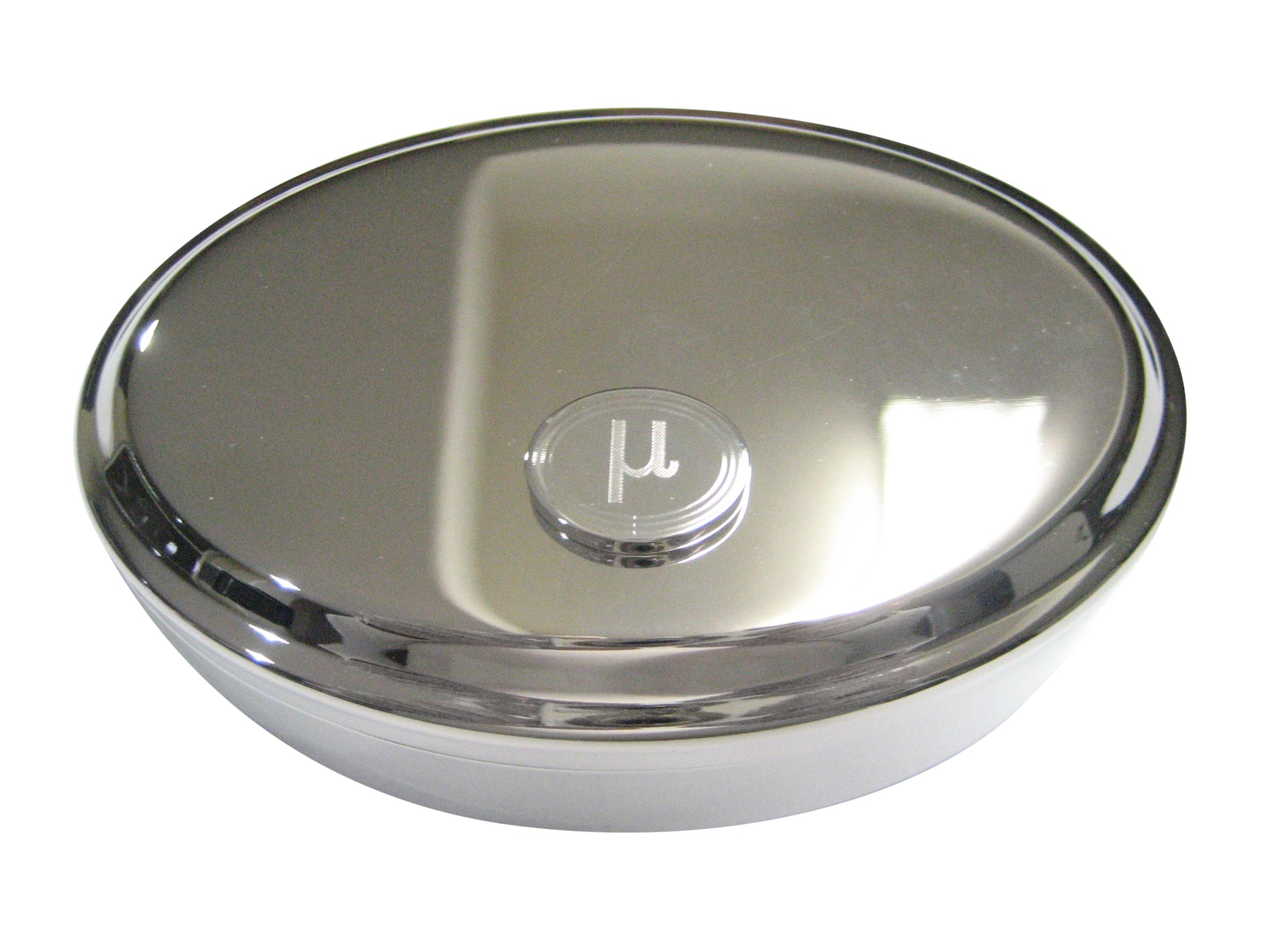 Silver Toned Etched Oval Greek Letter Mu Pendant Oval Trinket Jewelry Box