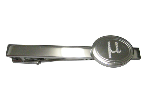 Silver Toned Etched Oval Greek Letter Mu Pendant Tie Clip