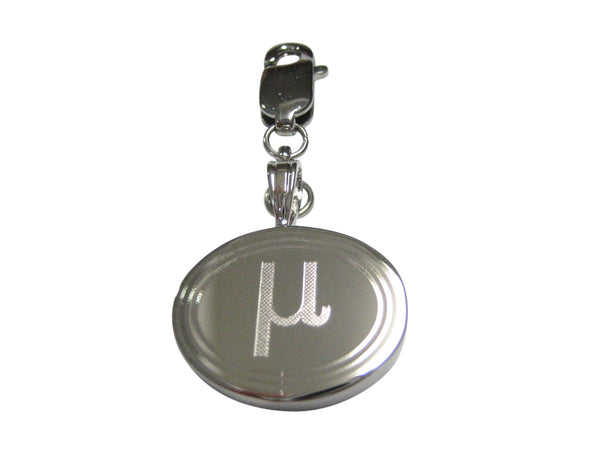 Silver Toned Etched Oval Greek Letter Mu Pendant Zipper Pull Charm