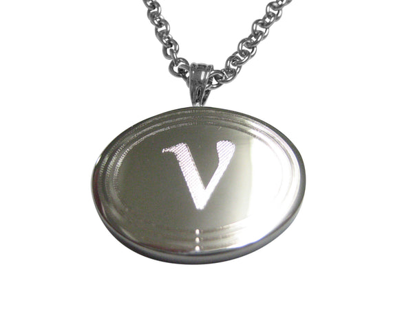 Silver Toned Etched Oval Greek Letter Nu Pendant Necklace
