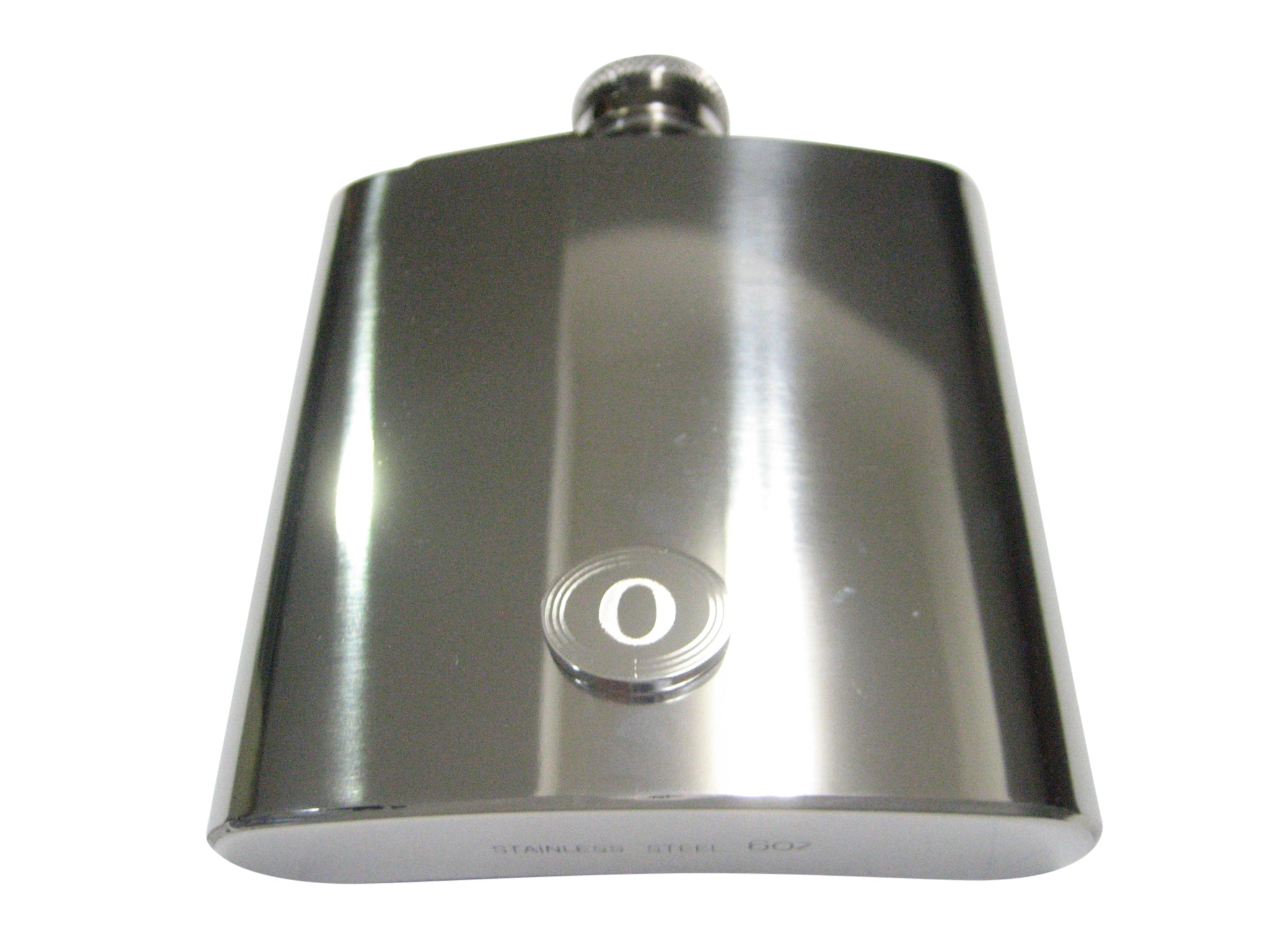 Silver Toned Etched Oval Greek Letter Omicron Pendant 6oz Flask