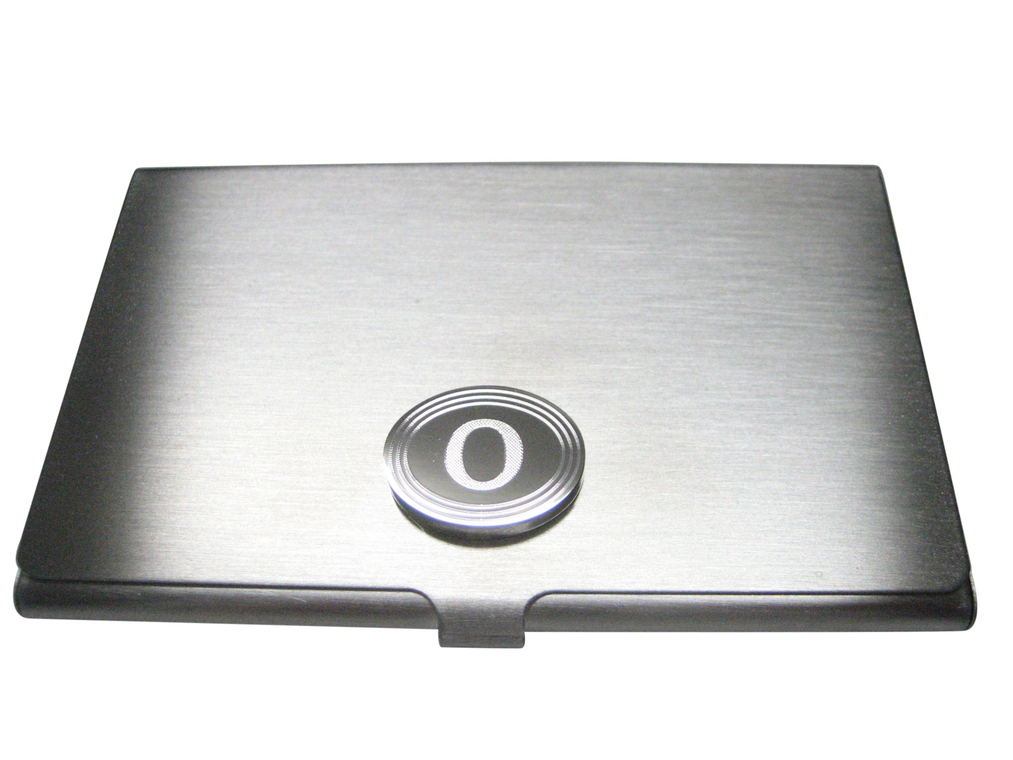 Silver Toned Etched Oval Greek Letter Omicron Pendant Business Card Holder