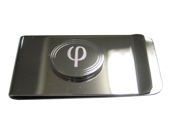 Silver Toned Etched Oval Greek Letter Phi Pendant Money Clip