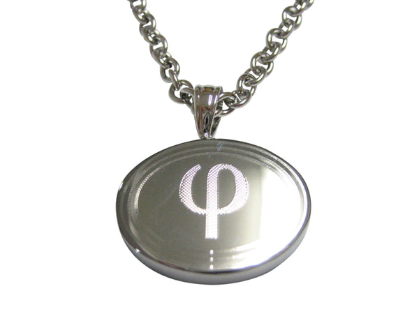 Silver Toned Etched Oval Greek Letter Phi Pendant Necklace