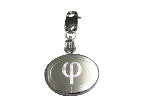 Silver Toned Etched Oval Greek Letter Phi Pendant Zipper Pull Charm