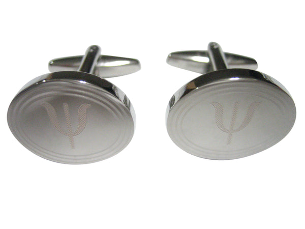 Silver Toned Etched Oval Greek Letter Psi Cufflinks