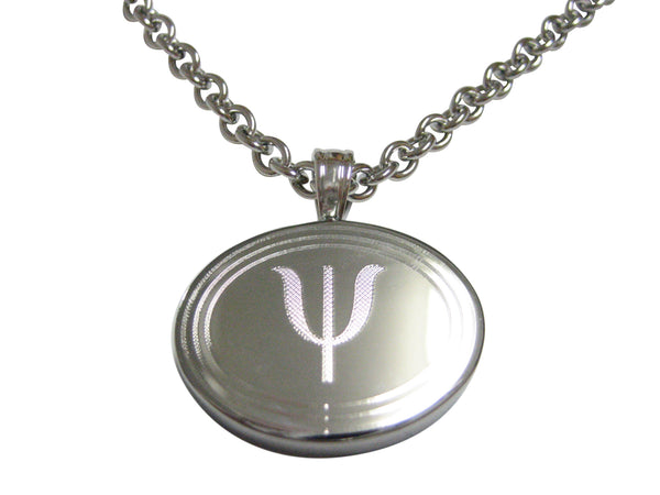 Silver Toned Etched Oval Greek Letter Psi Pendant Necklace