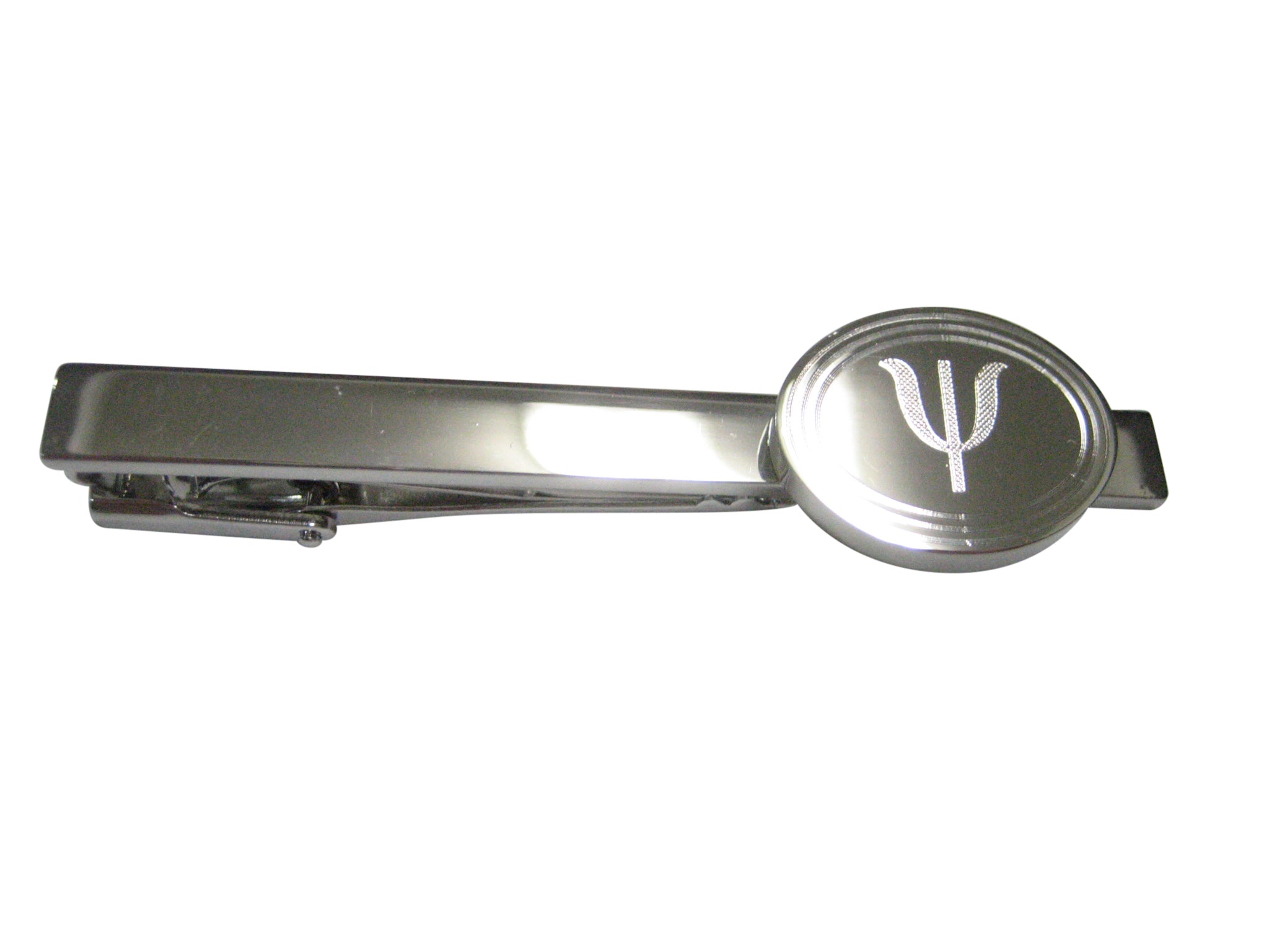 Silver Toned Etched Oval Greek Letter Psi Pendant Tie Clip
