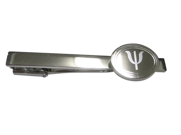 Silver Toned Etched Oval Greek Letter Psi Pendant Tie Clip