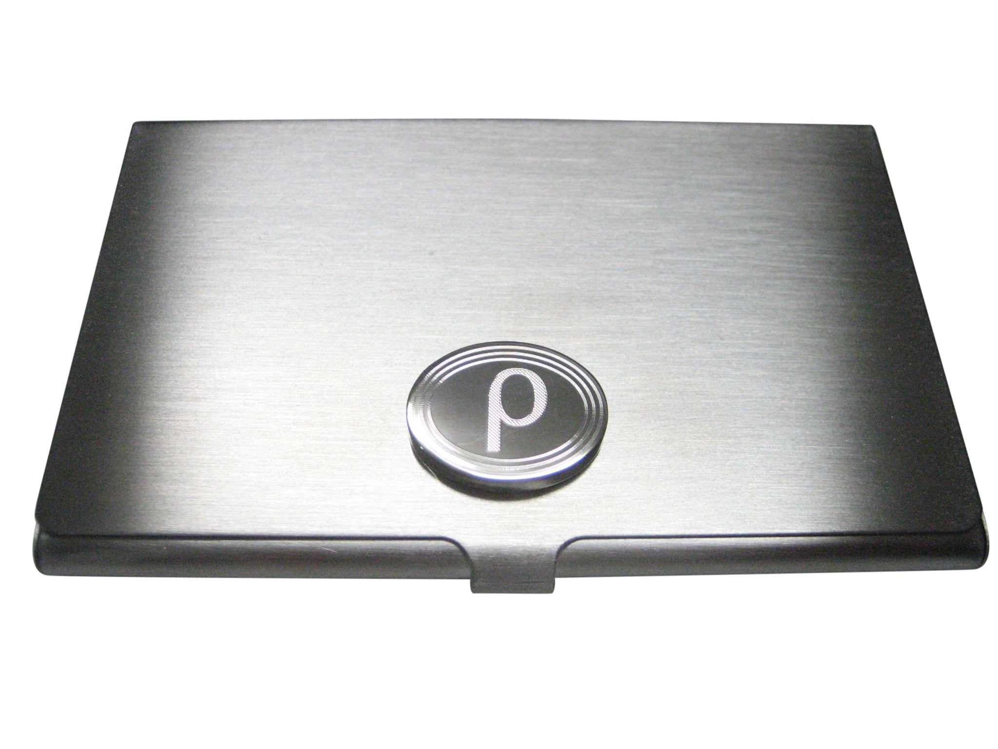 Silver Toned Etched Oval Greek Letter Rho Business Card Holder