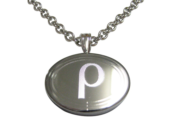 Silver Toned Etched Oval Greek Letter Rho Pendant Necklace
