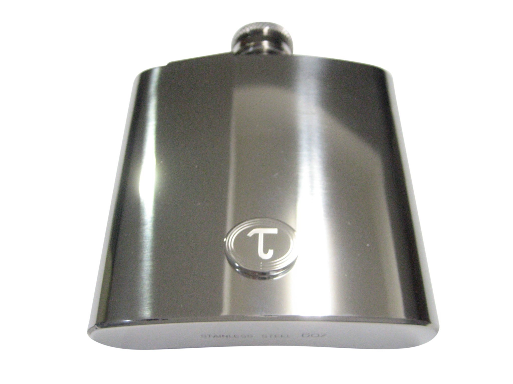 Silver Toned Etched Oval Greek Letter Tau 6oz Flask