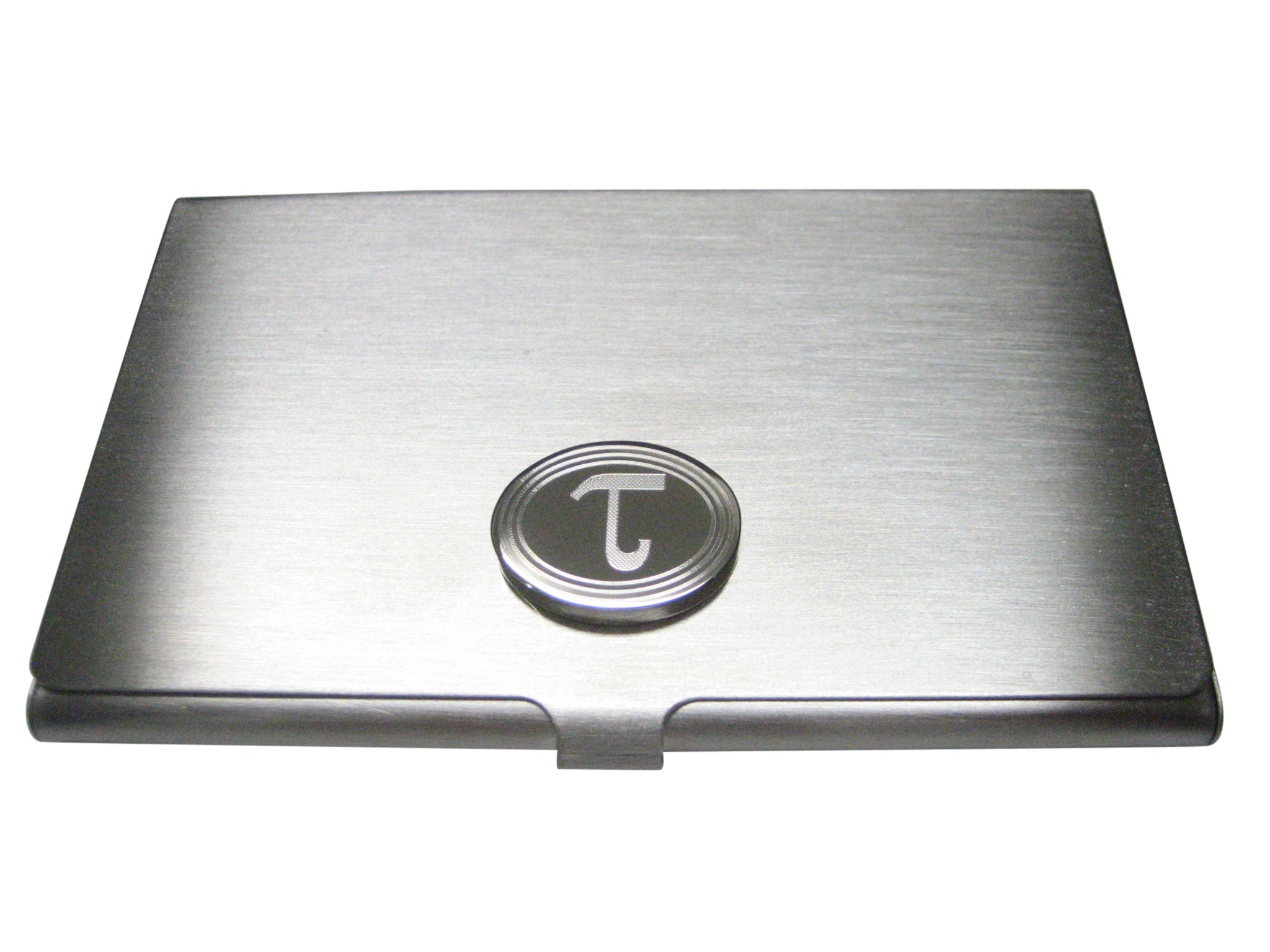 Silver Toned Etched Oval Greek Letter Tau Business Card Holder