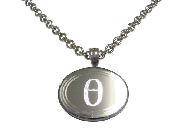 Silver Toned Etched Oval Greek Letter Theta Pendant Necklace
