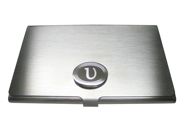 Silver Toned Etched Oval Greek Letter Upsilon Pendant Business Card Holder